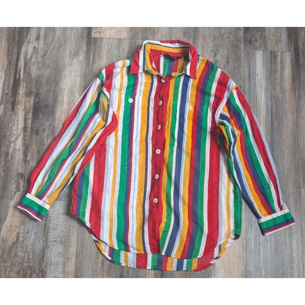 LIZSPORT LIZ CLAIBORNE Shirt Colorful Striped Button Up Vintage Women's Large
